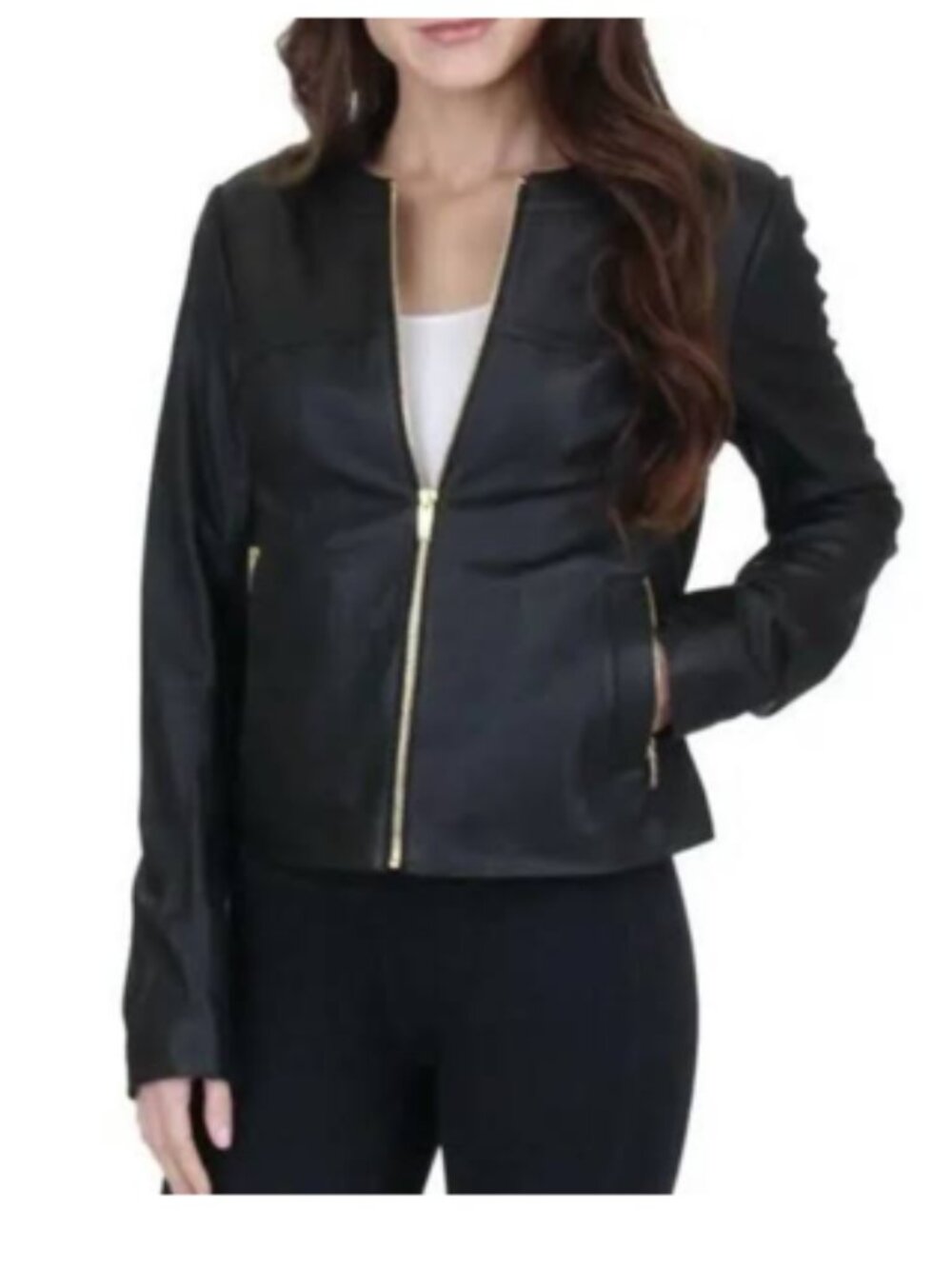 Via Spiga Collarless Mixed-Media Lamb Leather and Stretch Fabric Jacket